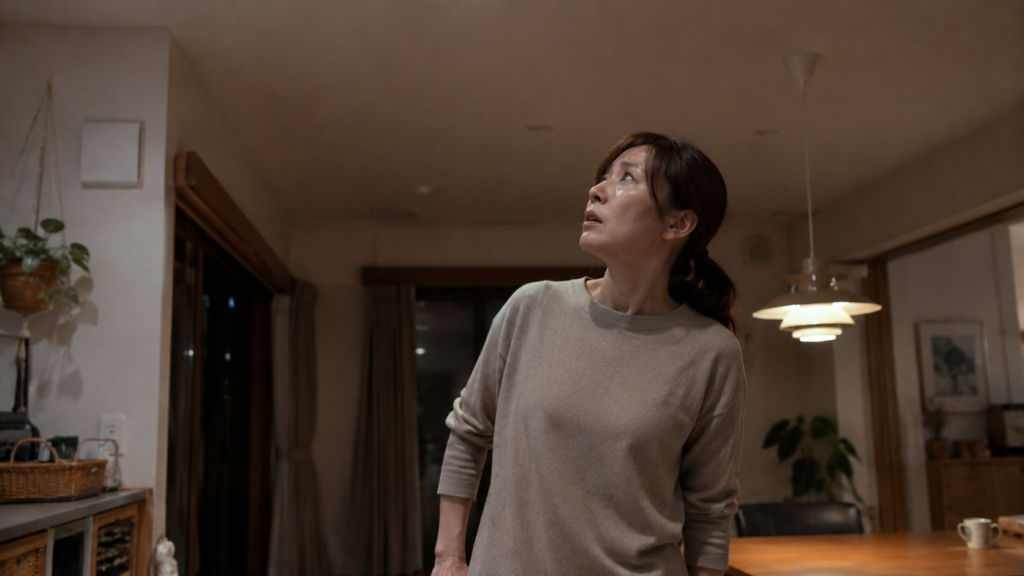 世田谷区の住宅で夜間に天井裏のネズミの物音を気にする女性