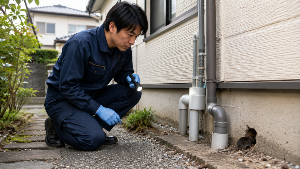 世田谷区の住宅でネズミの侵入口を点検する駆除作業員
