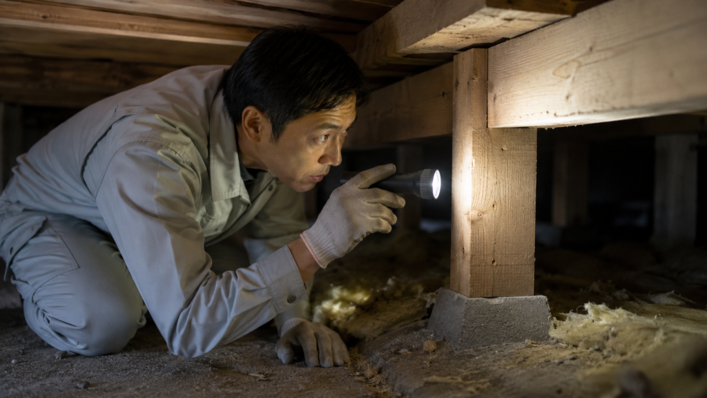 世田谷区のネズミ駆除で床下の被害状況をライトで調査する専門作業員