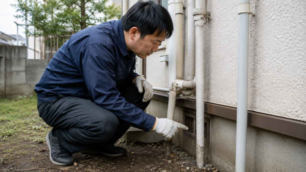 世田谷区の戸建てでネズミの侵入口になりやすい配管まわりを点検する作業員
