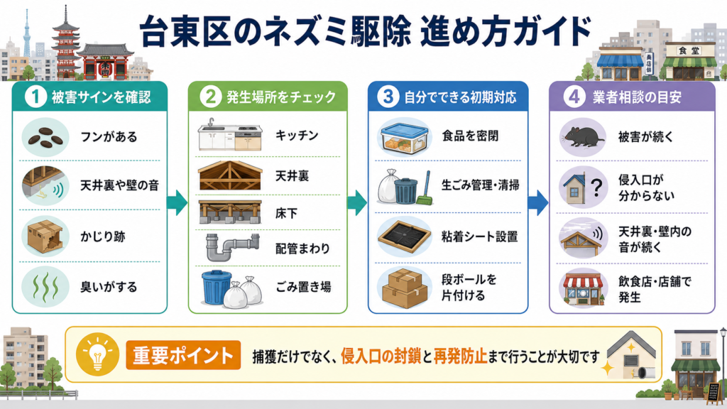 台東区のネズミ駆除で確認すべき被害サインと初期対応の流れを示した図解