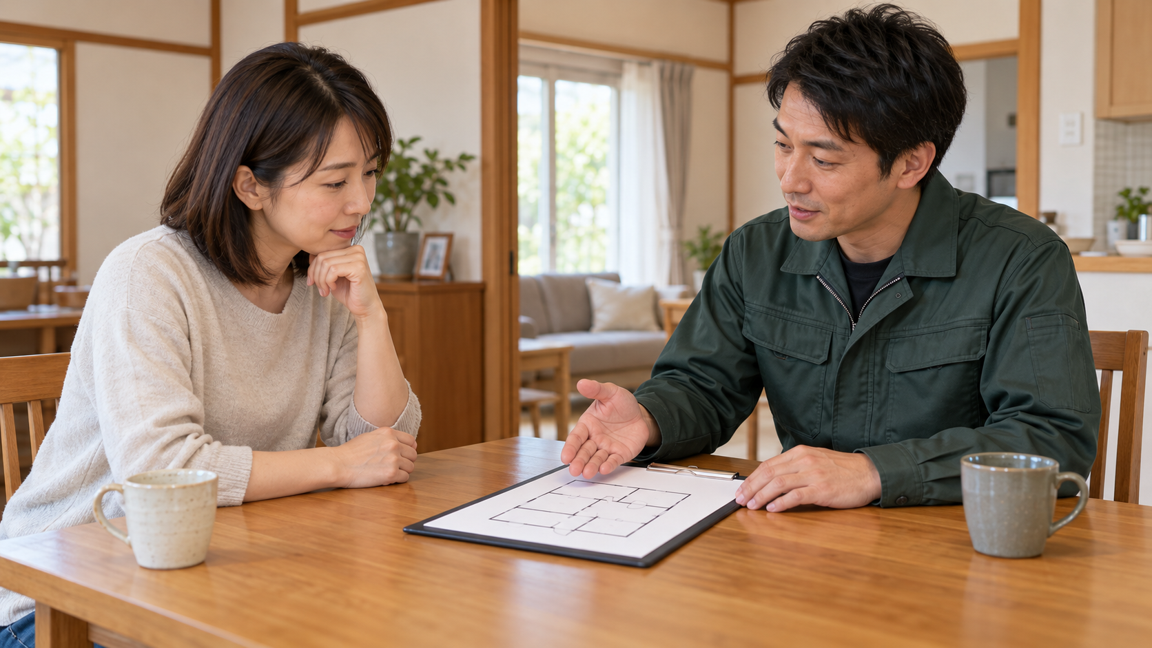 住宅の調査結果と見積もりについて担当者から説明を受ける人のイメージ