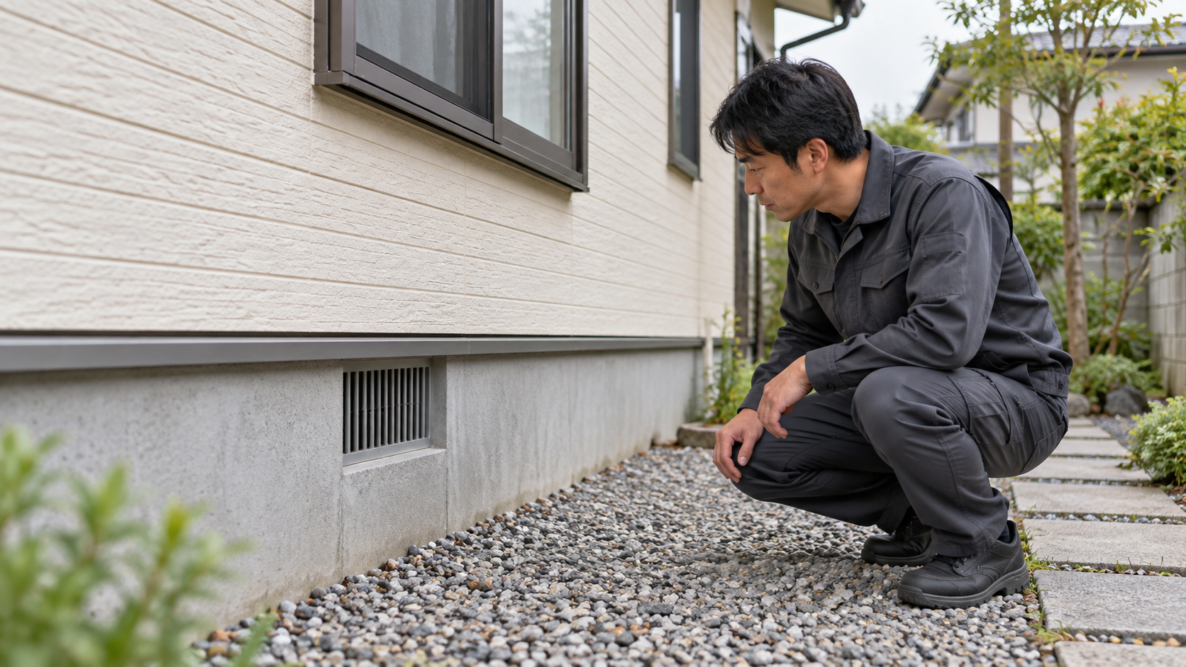 日本の戸建て住宅の外壁と基礎周辺を目視確認する作業者のイメージ