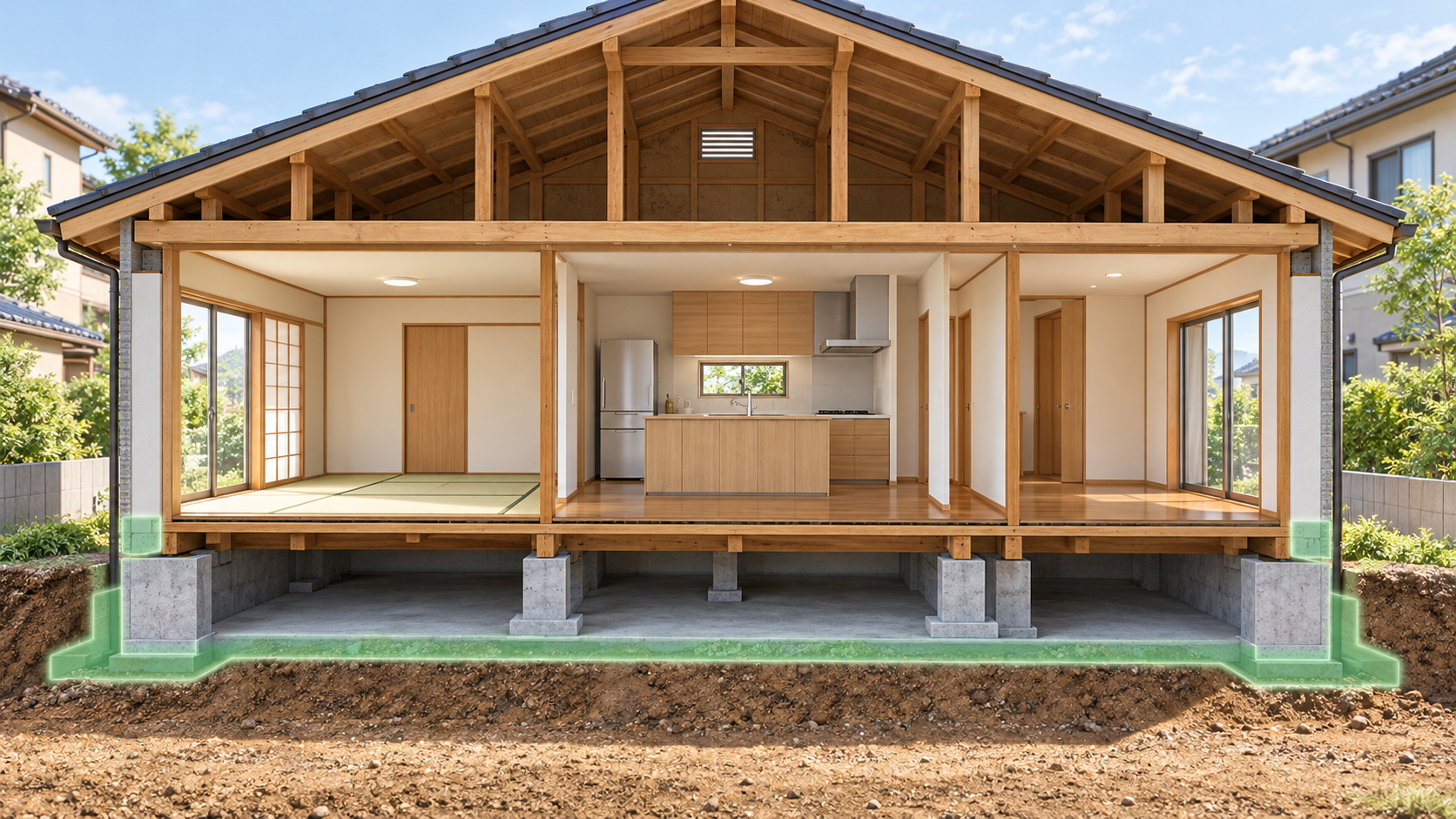 天井裏と床下、居室のつながりを考える住宅断面のイメージ